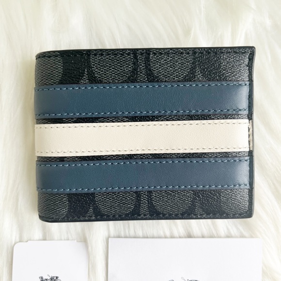 NWT Coach Signature Leather Canvas Slim Billfold Varsity Stripe Wallet - Picture 3 of 5